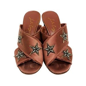 Lola Cruz Anthropologie Star Mirror Heel Sandals Pink Satin Mules Shoes US 6